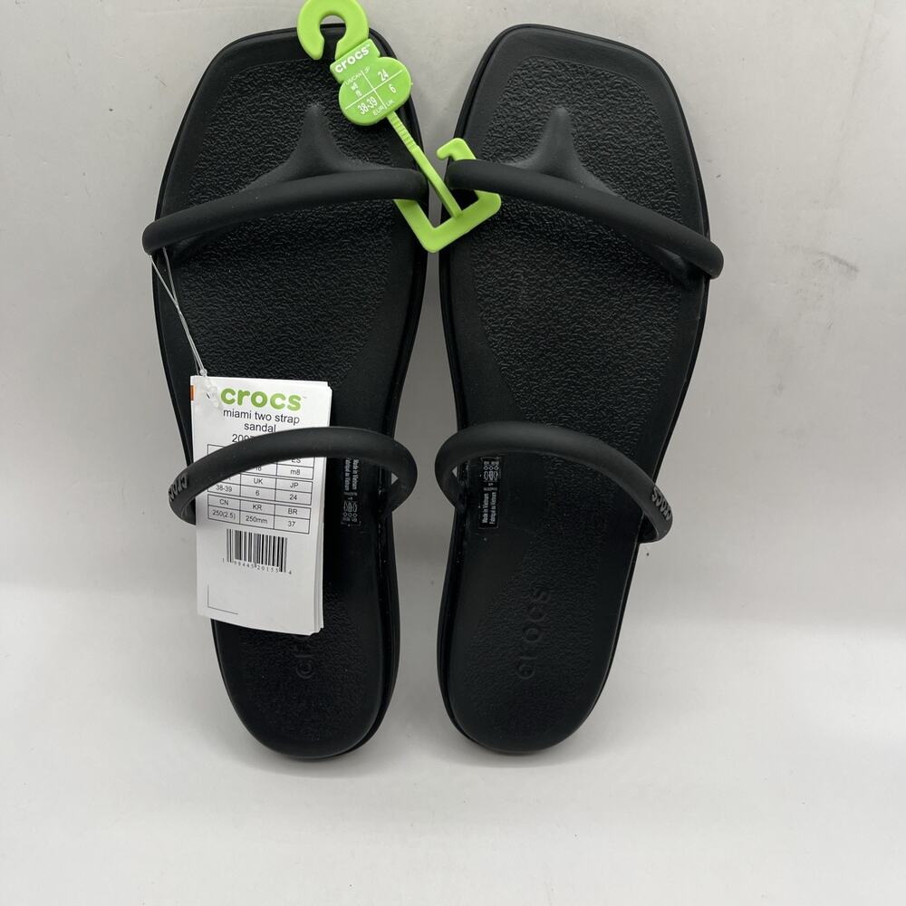Crocs Miami Two Strap Flip Flop Sandal Square Toe Black Women US Sz 8 NWT